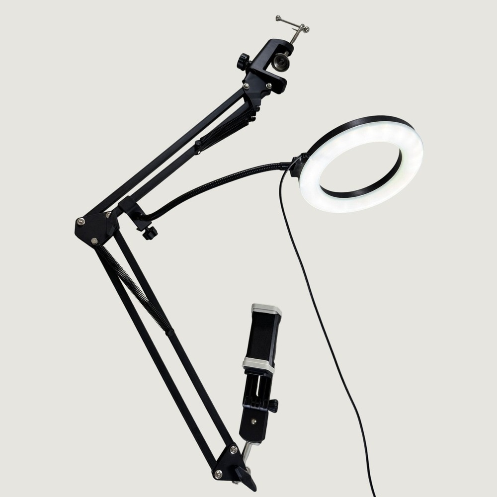 LED Ring Light with Scissor Arm Stand Phone Holder Desktop C-Clamp Mount Black